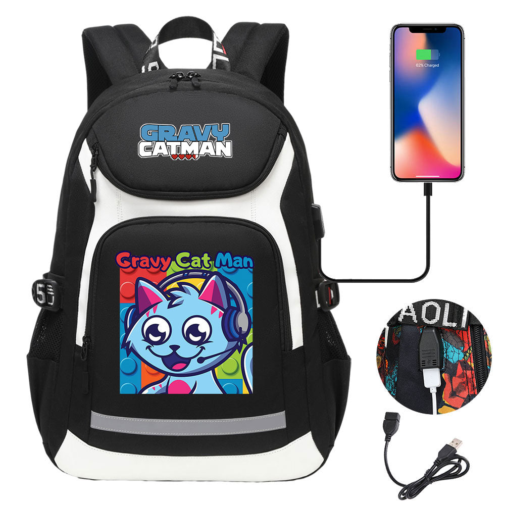 Gravy Cat Man USB Charging Backpack School NoteBook Laptop Travel Bags