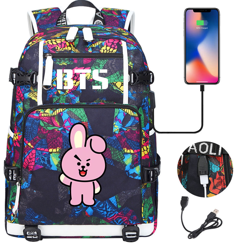 BTS Cartoon Cooky USB Charging Backpack School NoteBook Laptop Travel Bags