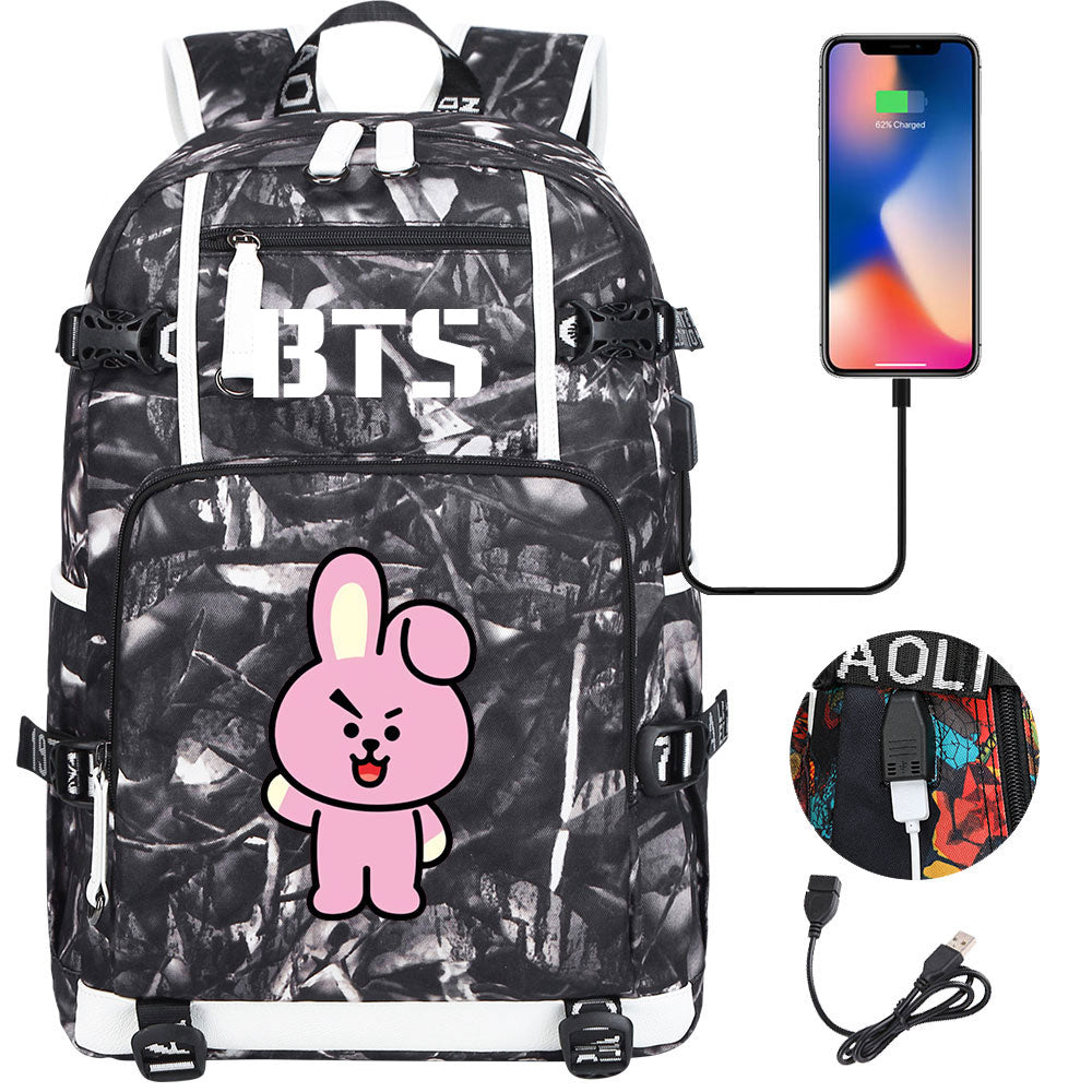 BTS Cartoon Cooky USB Charging Backpack School NoteBook Laptop Travel Bags