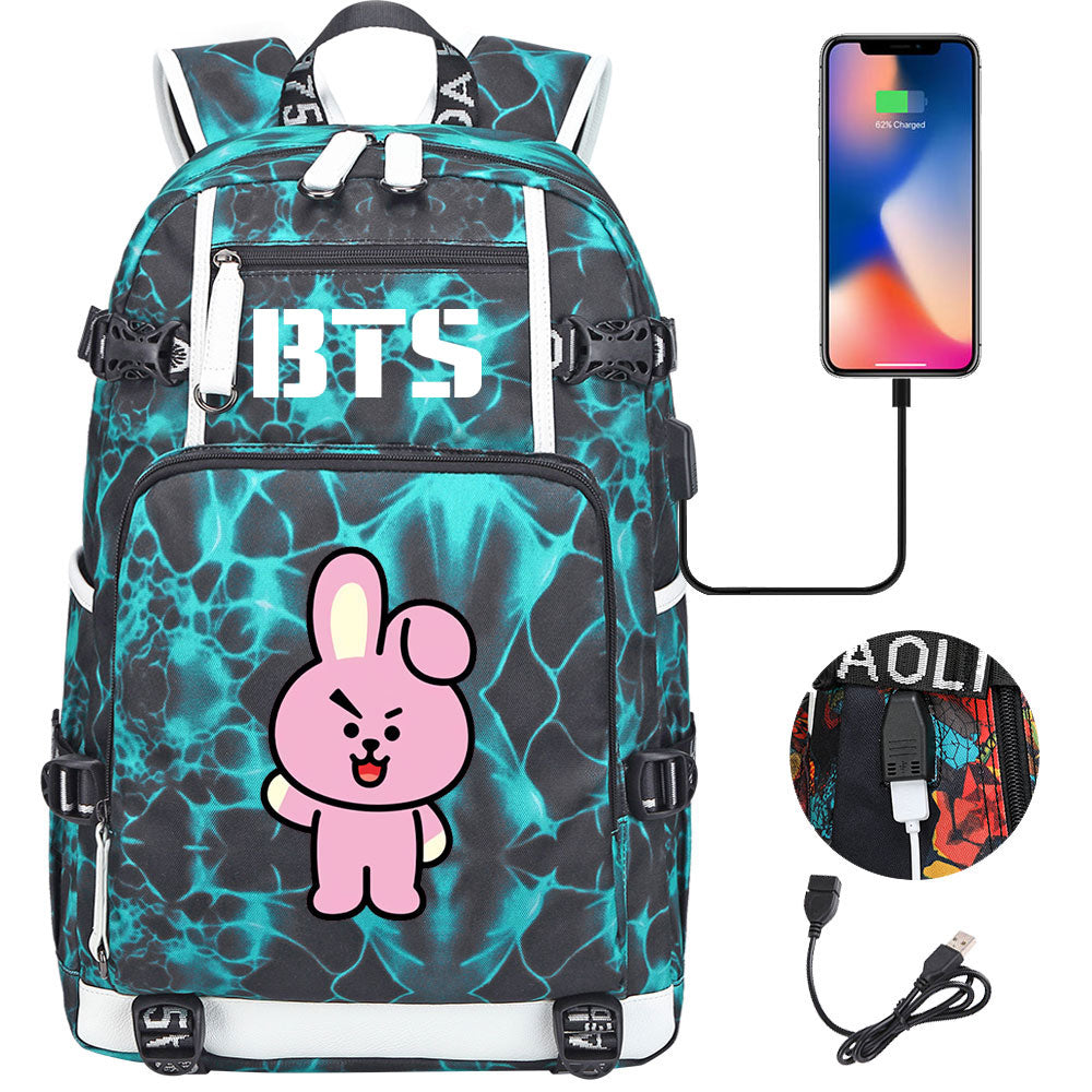 BTS Cartoon Cooky USB Charging Backpack School NoteBook Laptop Travel Bags