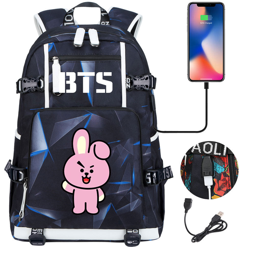 BTS Cartoon Cooky USB Charging Backpack School NoteBook Laptop Travel Bags