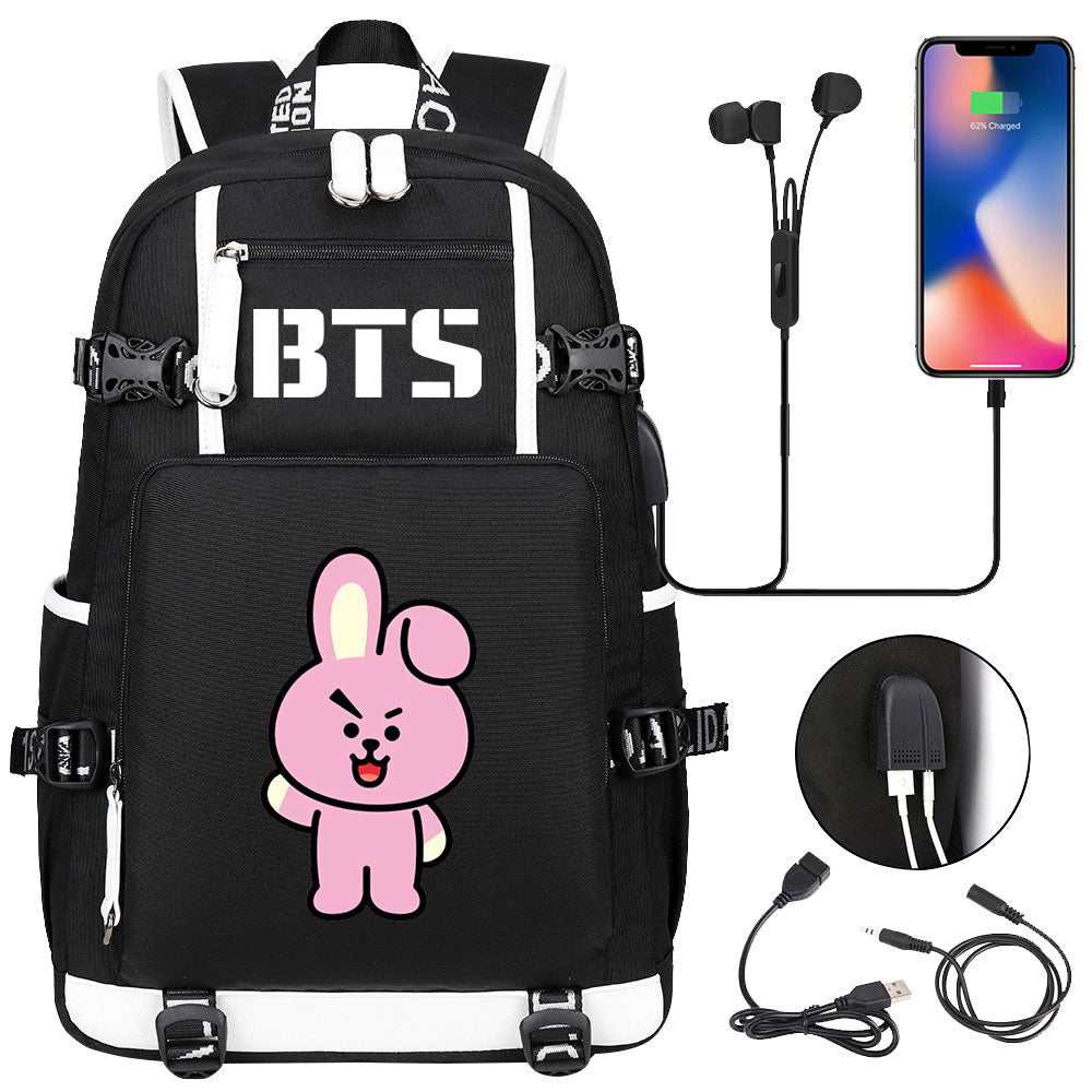 BTS Cartoon Cooky USB Charging Backpack School NoteBook Laptop Travel Bags