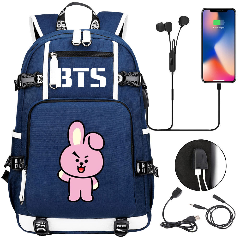 BTS Cartoon Cooky USB Charging Backpack School NoteBook Laptop Travel Bags