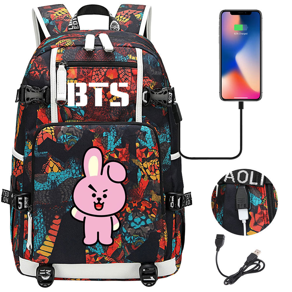 BTS Cartoon Cooky USB Charging Backpack School NoteBook Laptop Travel Bags