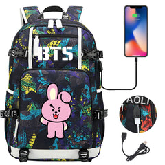 BTS Cartoon Cooky USB Charging Backpack School NoteBook Laptop Travel Bags