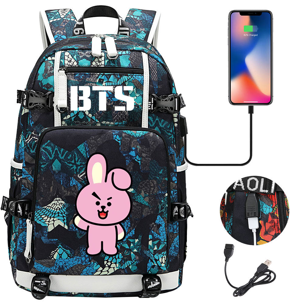 BTS Cartoon Cooky USB Charging Backpack School NoteBook Laptop Travel Bags