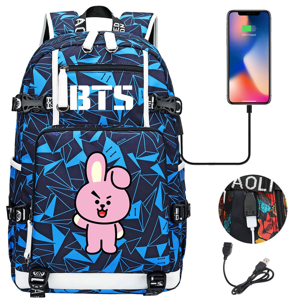 BTS Cartoon Cooky USB Charging Backpack School NoteBook Laptop Travel Bags
