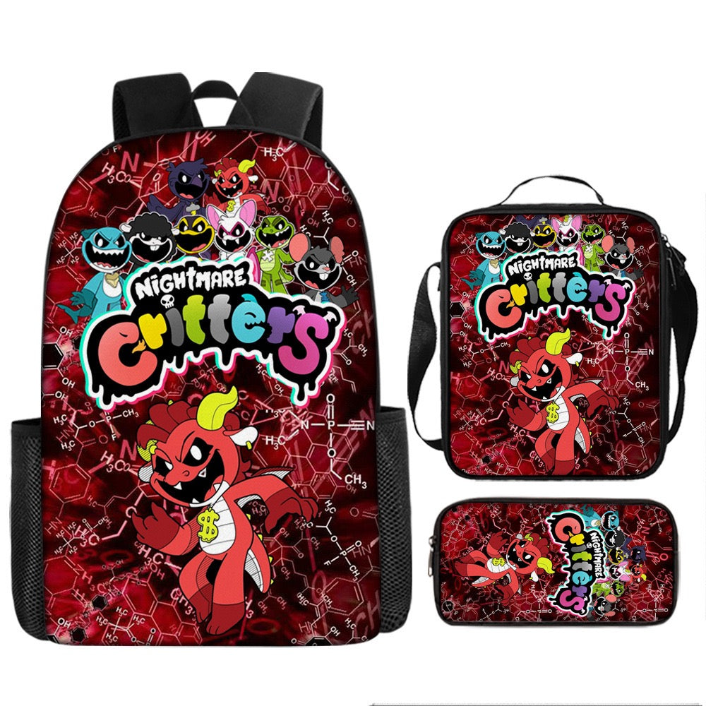 Nightmare Critters Schoolbag Backpack Lunch Bag Pencil Case 3pcs Set Gift for Kids Students