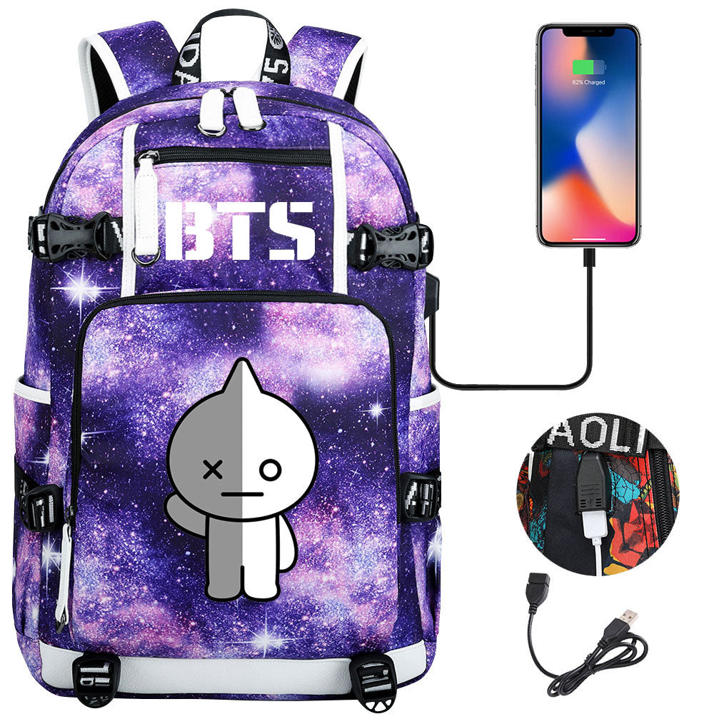 BTS Cartoon Van USB Charging Backpack School NoteBook Laptop Travel Bags