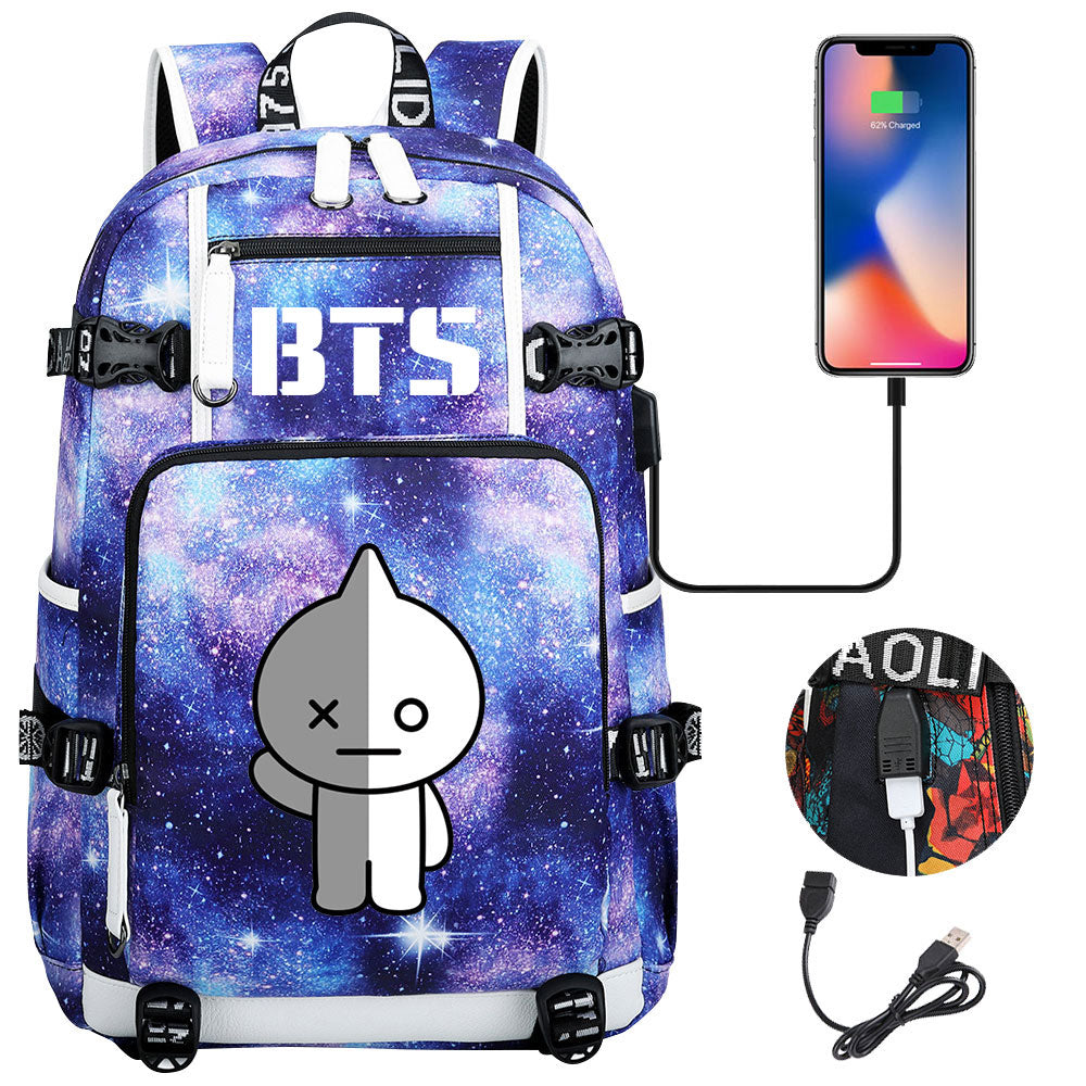 BTS Cartoon Van USB Charging Backpack School NoteBook Laptop Travel Bags