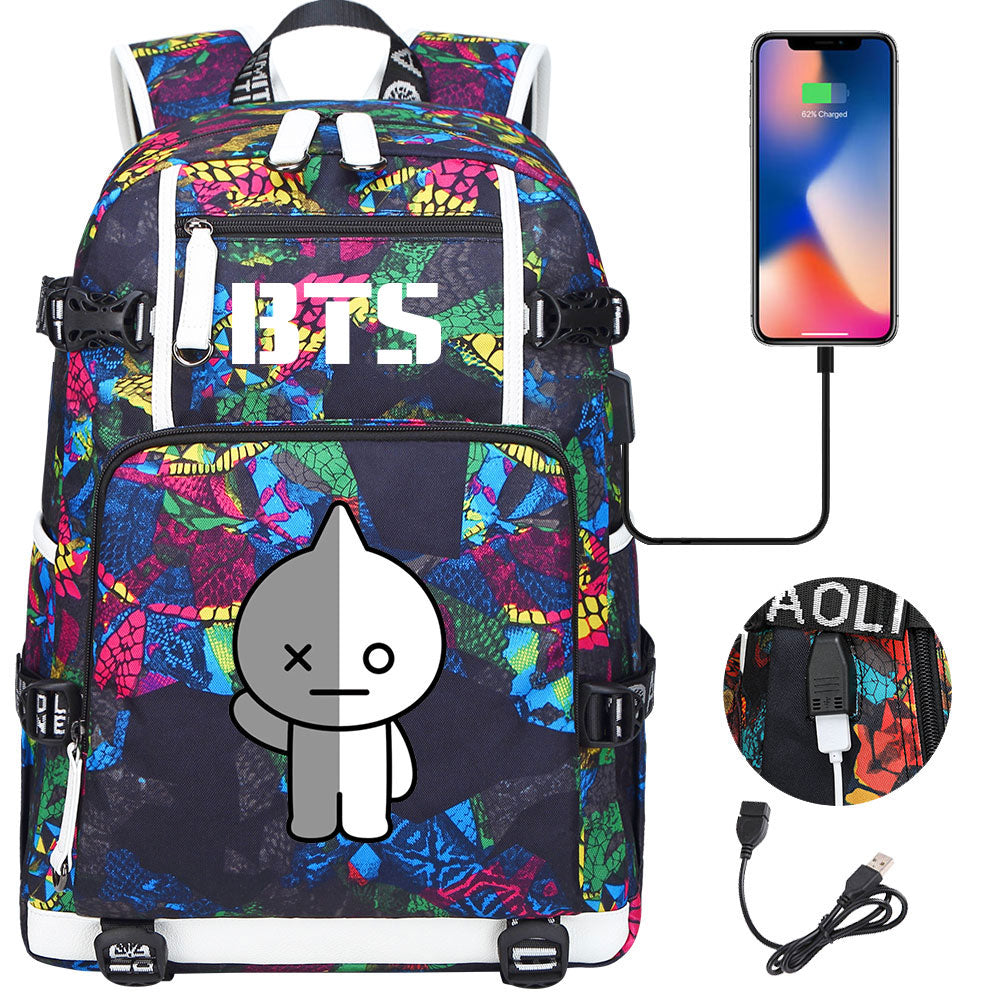 BTS Cartoon Van USB Charging Backpack School NoteBook Laptop Travel Bags