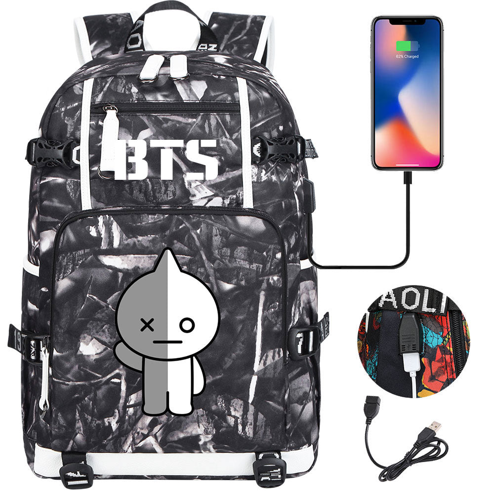 BTS Cartoon Van USB Charging Backpack School NoteBook Laptop Travel Bags