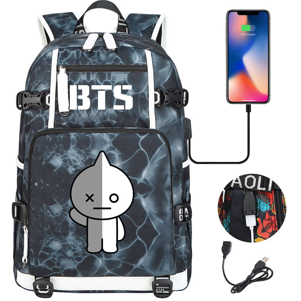 BTS Cartoon Van USB Charging Backpack School NoteBook Laptop Travel Bags