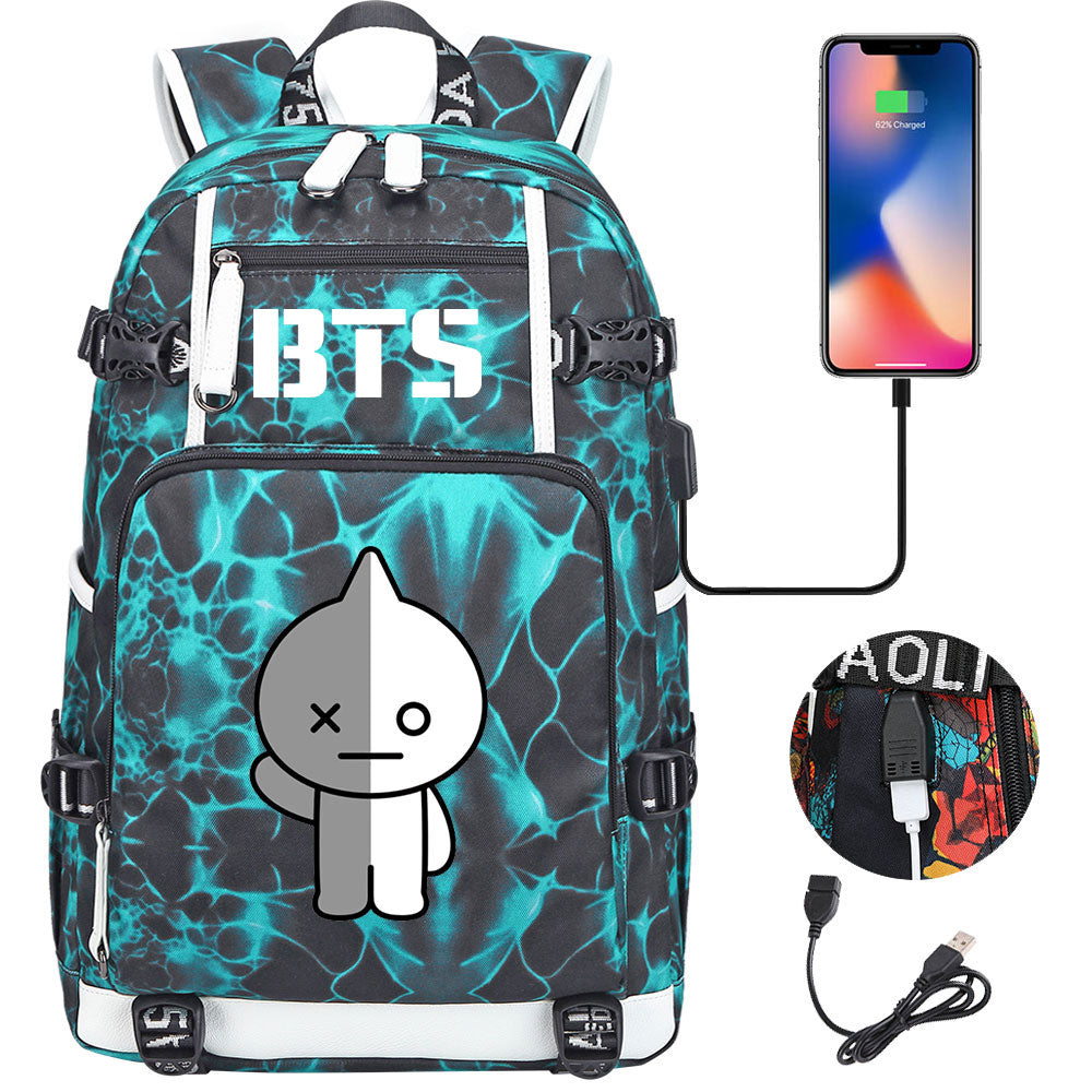 BTS Cartoon Van USB Charging Backpack School NoteBook Laptop Travel Bags