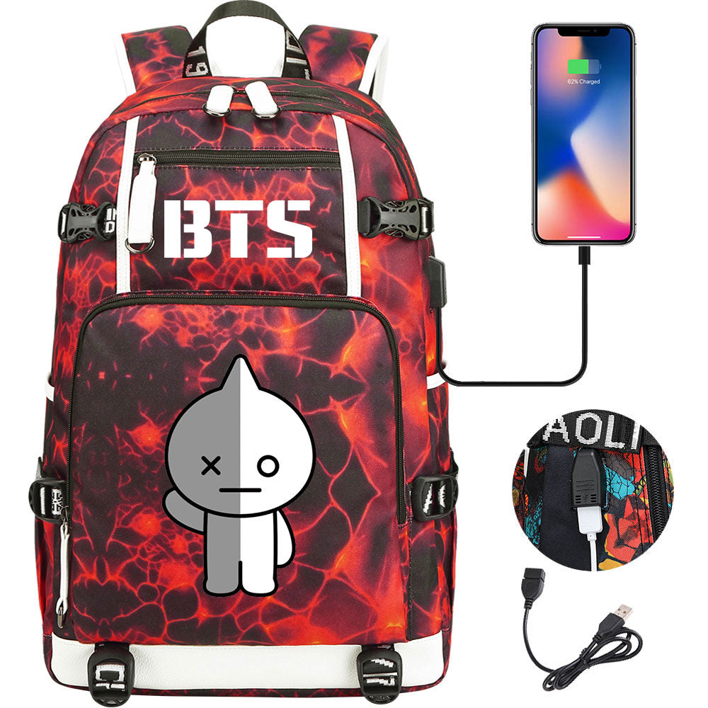 BTS Cartoon Van USB Charging Backpack School NoteBook Laptop Travel Bags