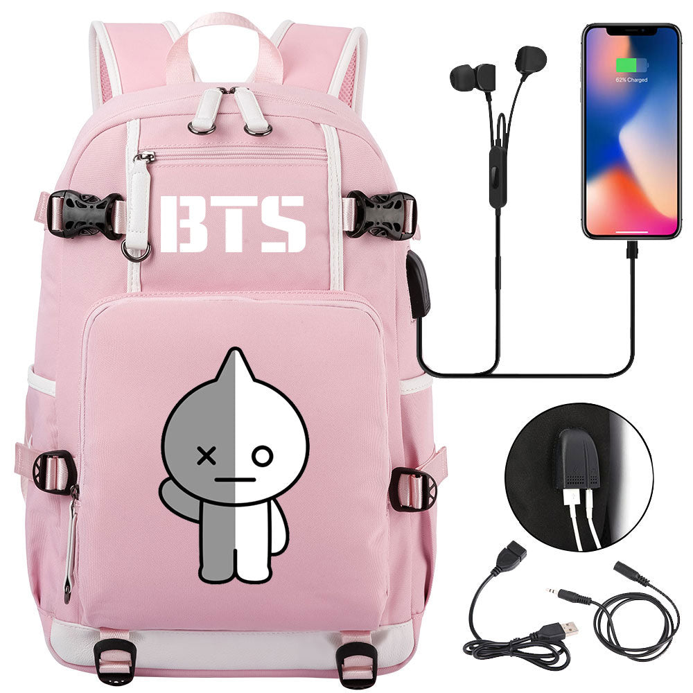 BTS Cartoon Van USB Charging Backpack School NoteBook Laptop Travel Bags