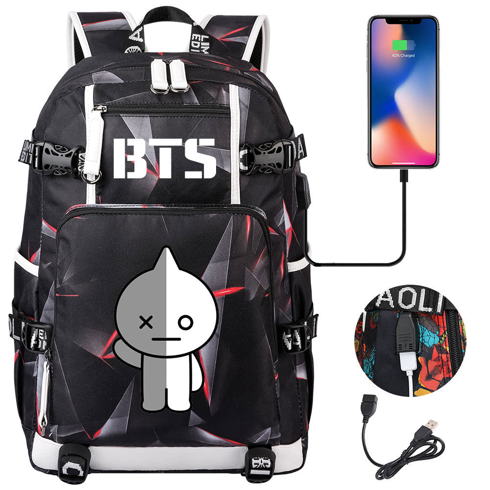 BTS Cartoon Van USB Charging Backpack School NoteBook Laptop Travel Bags