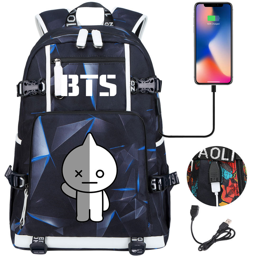 BTS Cartoon Van USB Charging Backpack School NoteBook Laptop Travel Bags