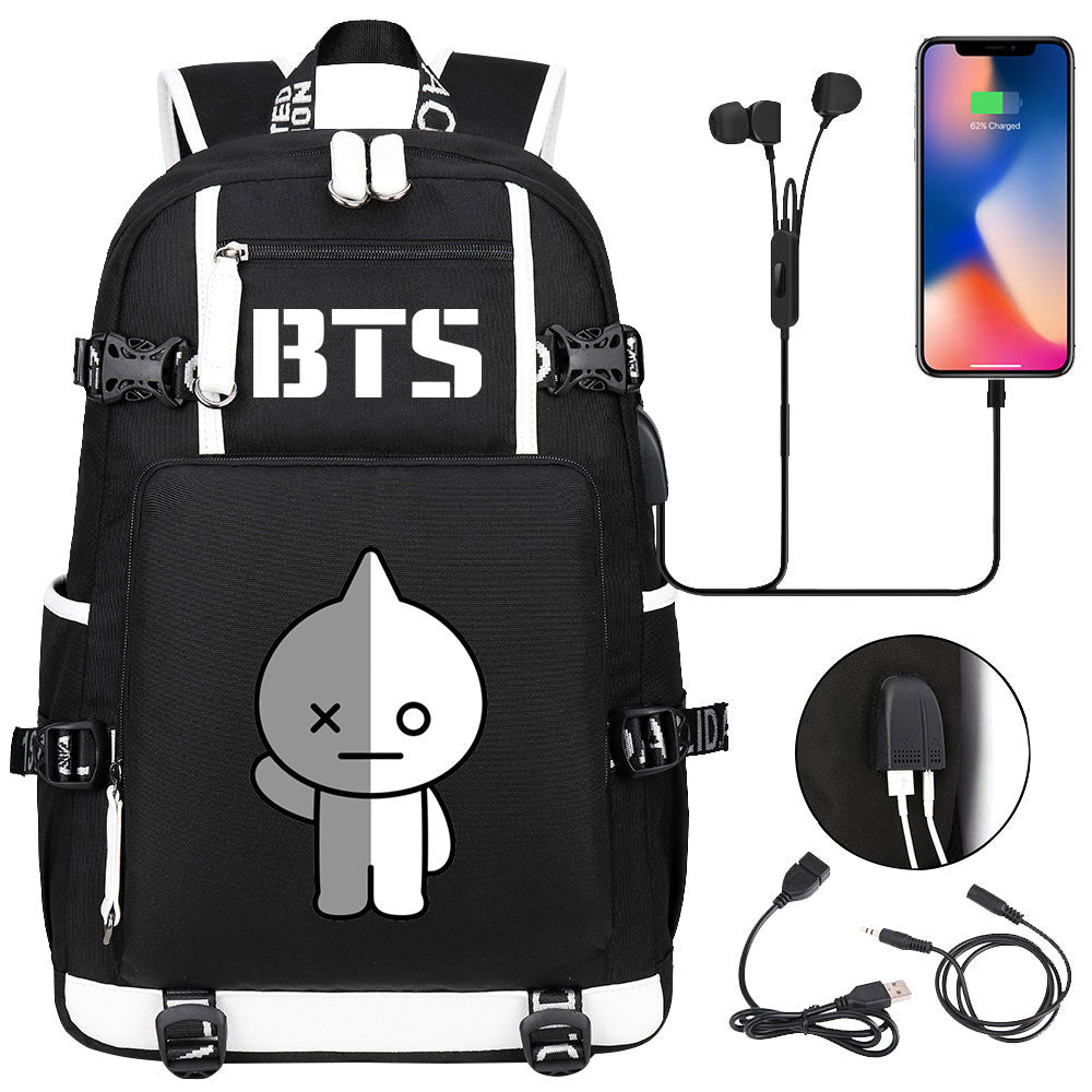 BTS Cartoon Van USB Charging Backpack School NoteBook Laptop Travel Bags