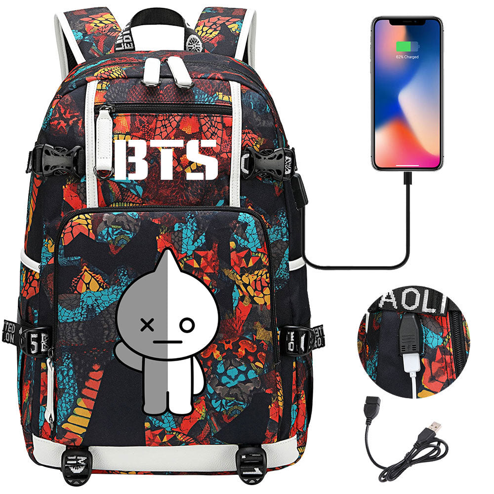 BTS Cartoon Van USB Charging Backpack School NoteBook Laptop Travel Bags