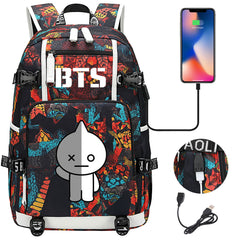 BTS Cartoon Van USB Charging Backpack School NoteBook Laptop Travel Bags