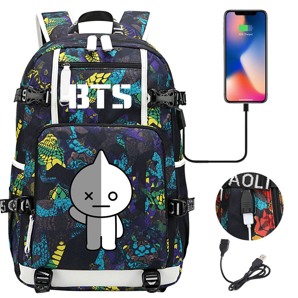 BTS Cartoon Van USB Charging Backpack School NoteBook Laptop Travel Bags