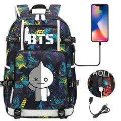 BTS Cartoon Van USB Charging Backpack School NoteBook Laptop Travel Bags