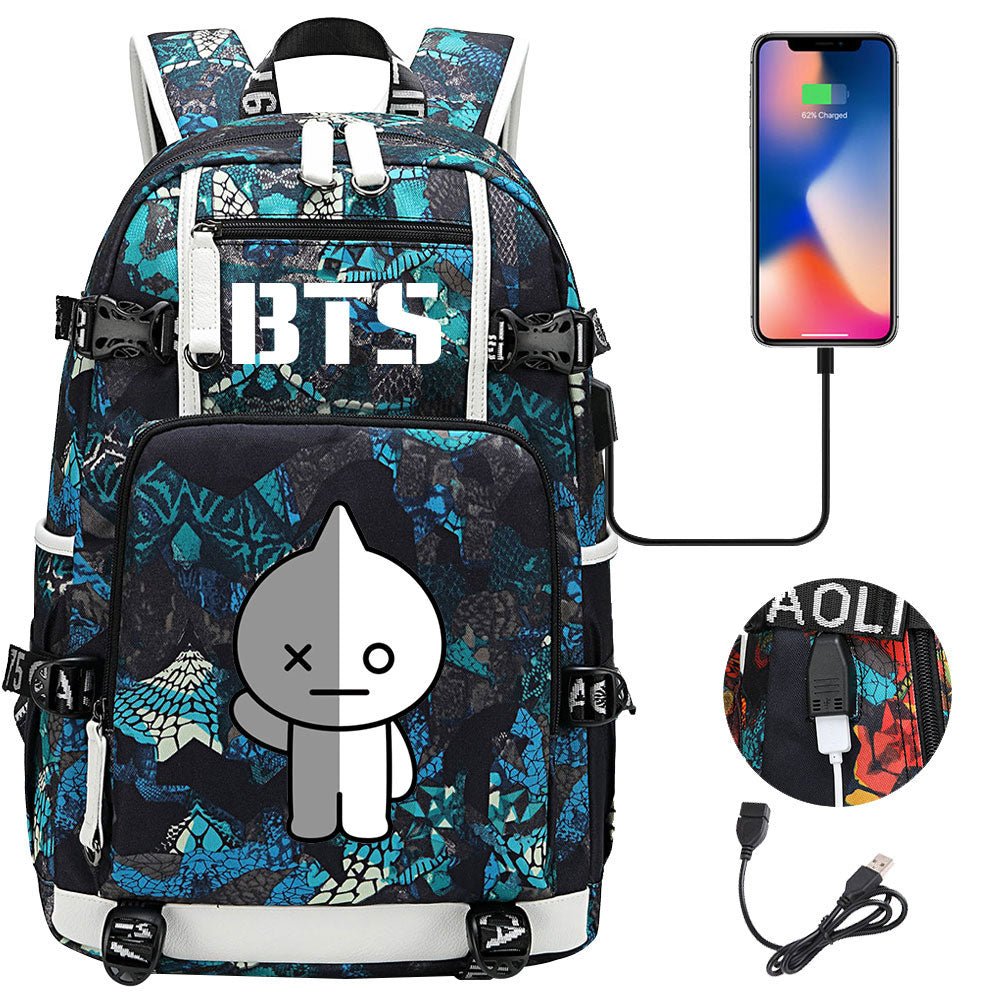 BTS Cartoon Van USB Charging Backpack School NoteBook Laptop Travel Bags