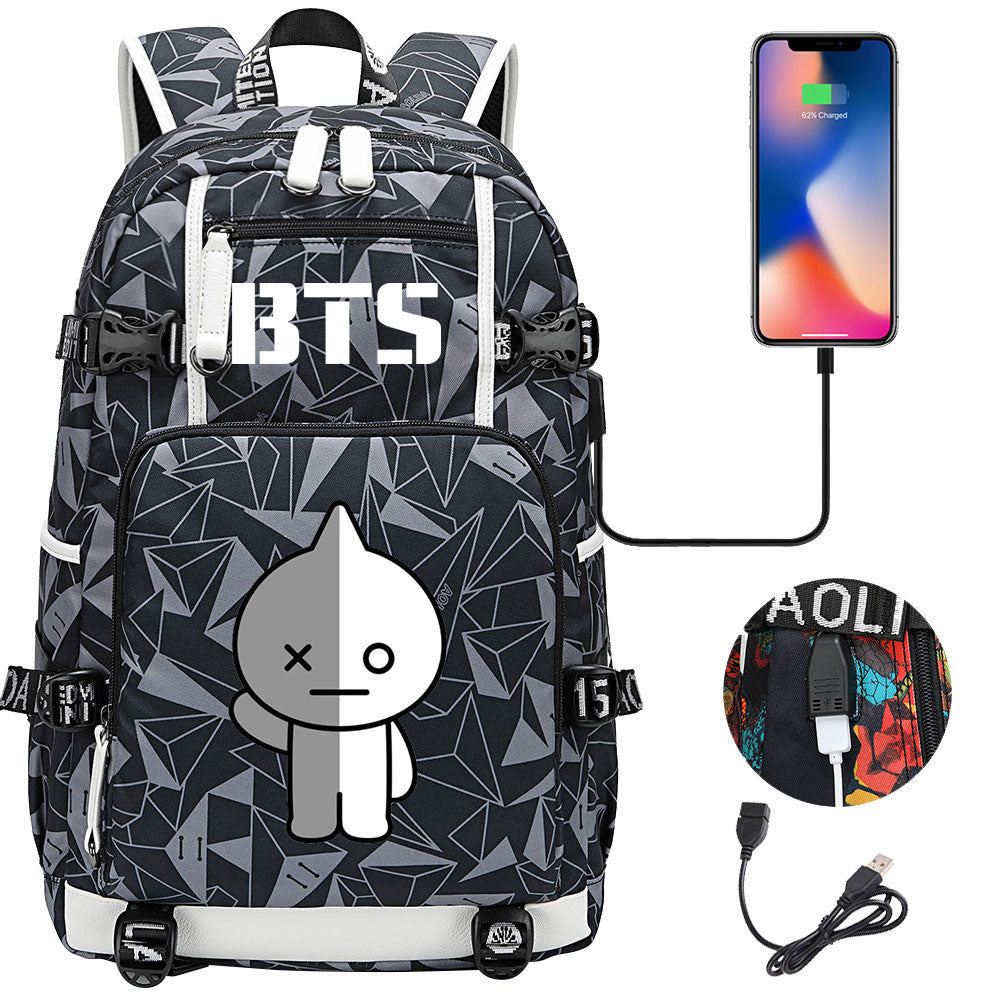 BTS Cartoon Van USB Charging Backpack School NoteBook Laptop Travel Bags