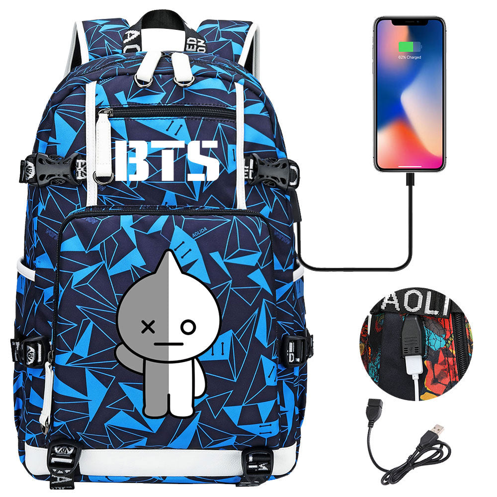 BTS Cartoon Van USB Charging Backpack School NoteBook Laptop Travel Bags