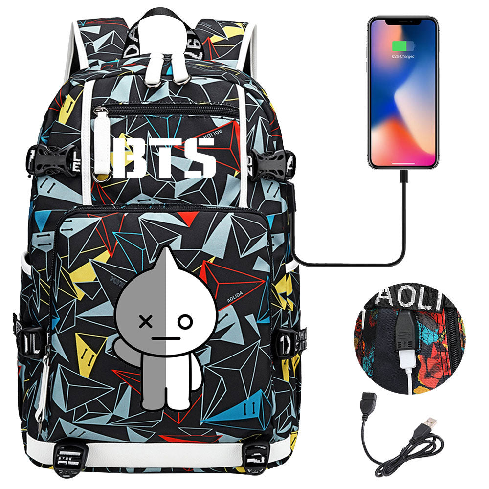 BTS Cartoon Van USB Charging Backpack School NoteBook Laptop Travel Bags