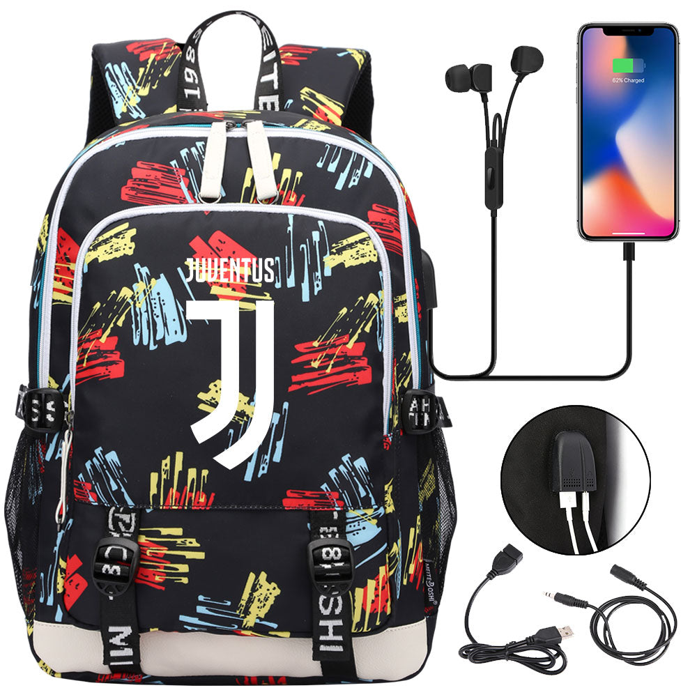 Juventus Football Club USB Charging Backpack School Note Book Laptop Travel Bags