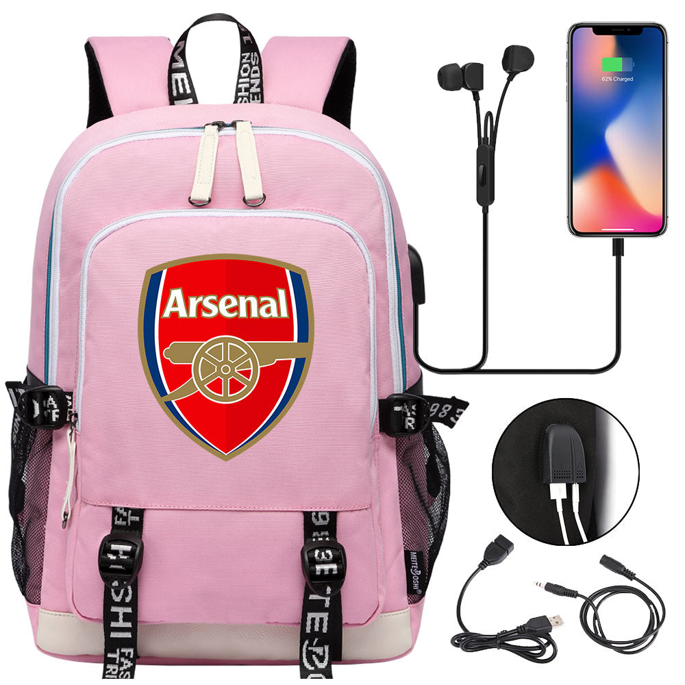 Arsenal Football Club USB Charging Backpack School Note Book Laptop Travel Bags