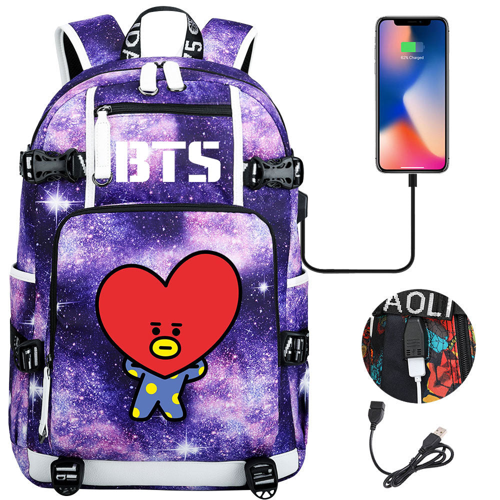 BTS Cartoon TATA USB Charging Backpack School NoteBook Laptop Travel Bags