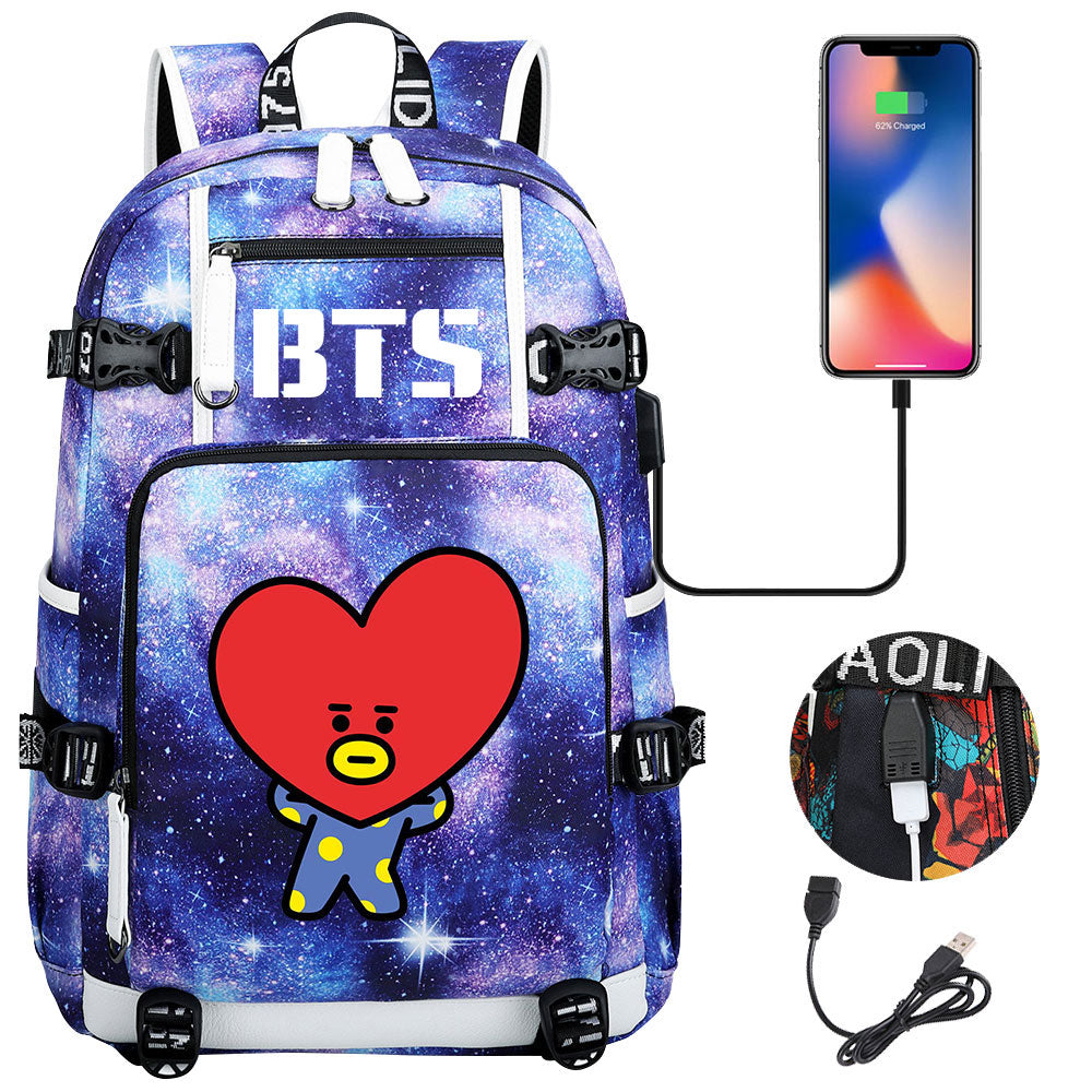 BTS Cartoon TATA USB Charging Backpack School NoteBook Laptop Travel Bags
