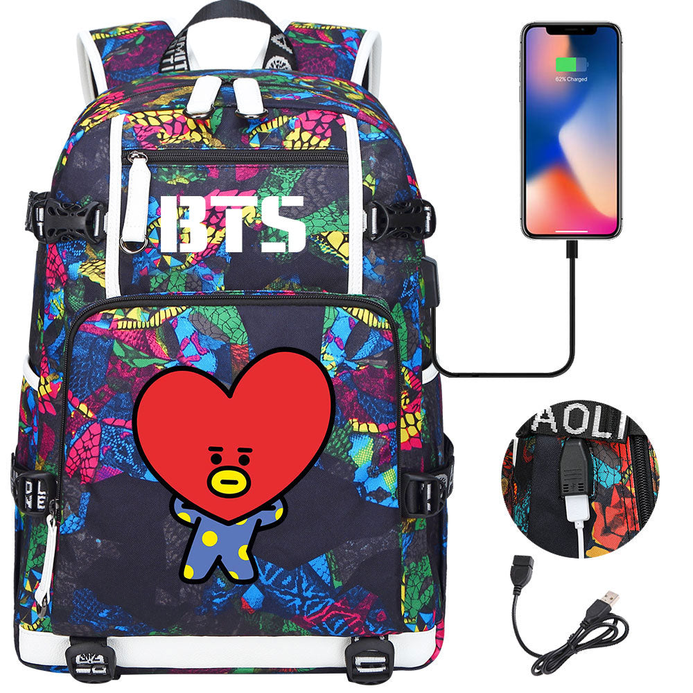 BTS Cartoon TATA USB Charging Backpack School NoteBook Laptop Travel Bags