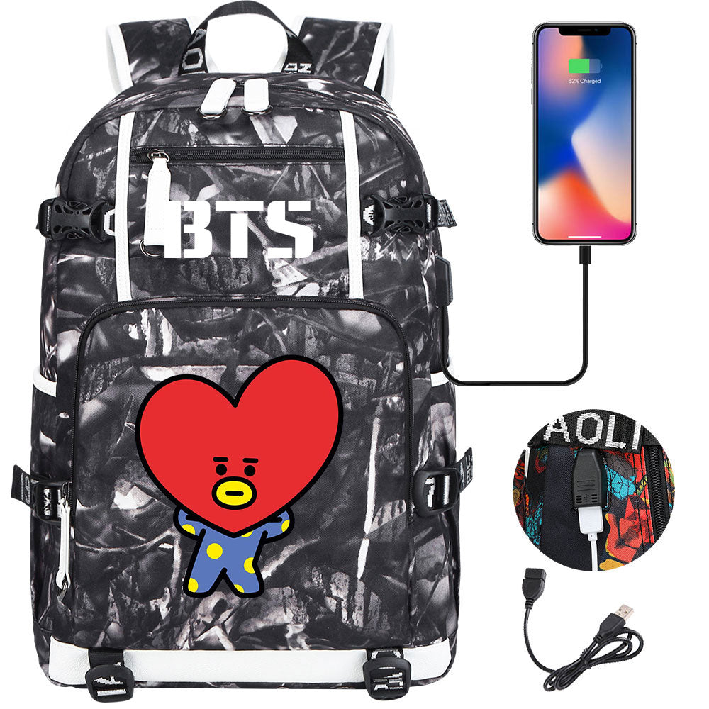 BTS Cartoon TATA USB Charging Backpack School NoteBook Laptop Travel Bags