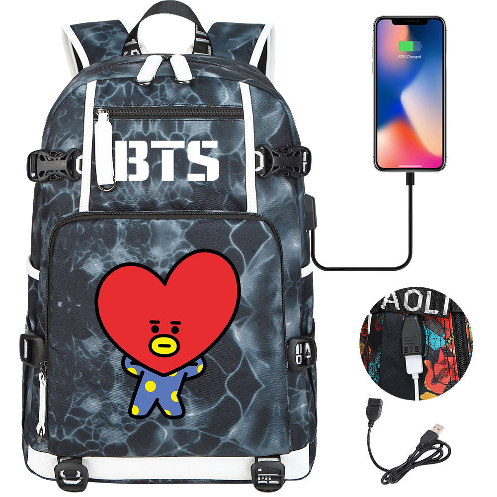 BTS Cartoon TATA USB Charging Backpack School NoteBook Laptop Travel Bags