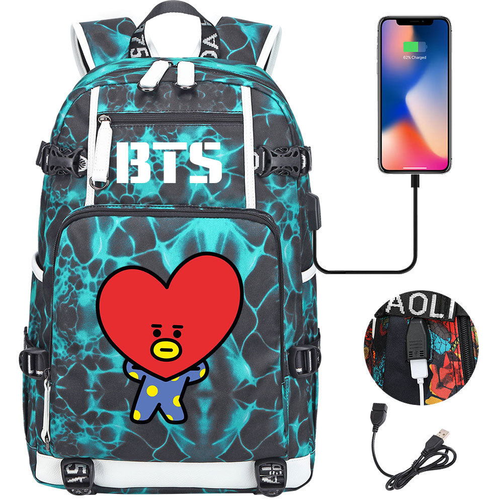 BTS Cartoon TATA USB Charging Backpack School NoteBook Laptop Travel Bags