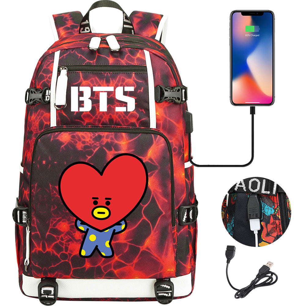BTS Cartoon TATA USB Charging Backpack School NoteBook Laptop Travel Bags