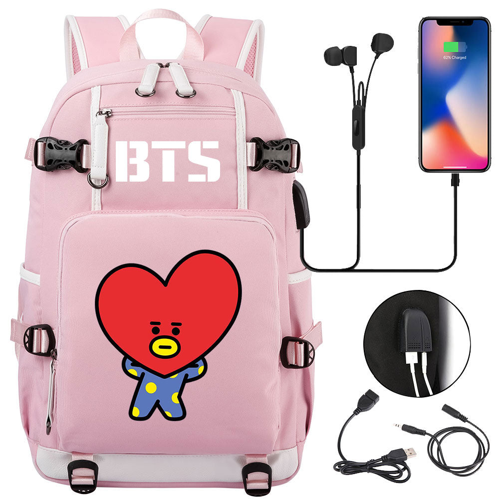 BTS Cartoon TATA USB Charging Backpack School NoteBook Laptop Travel Bags