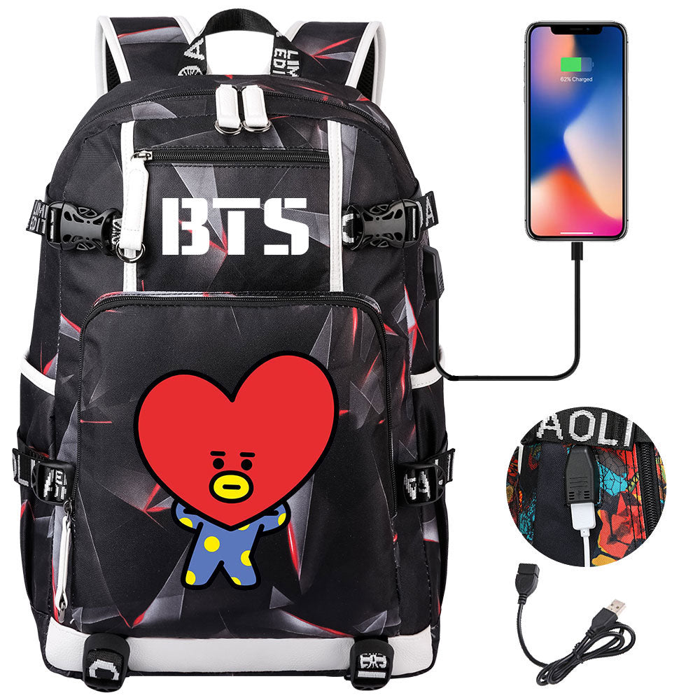 BTS Cartoon TATA USB Charging Backpack School NoteBook Laptop Travel Bags