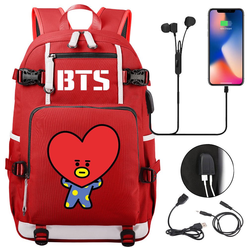 BTS Cartoon TATA USB Charging Backpack School NoteBook Laptop Travel Bags