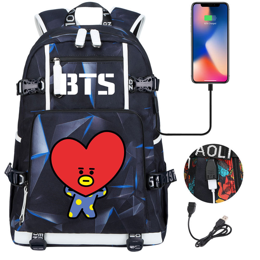 BTS Cartoon TATA USB Charging Backpack School NoteBook Laptop Travel Bags