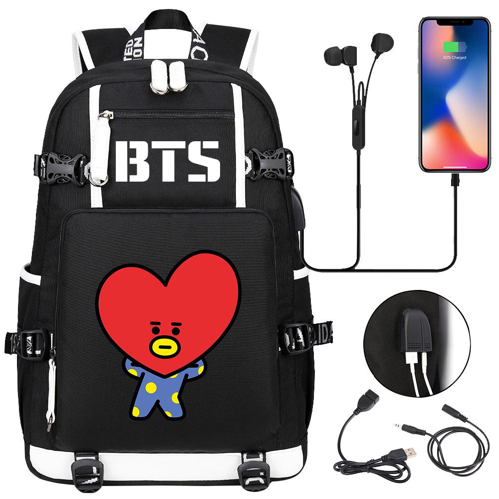 BTS Cartoon TATA USB Charging Backpack School NoteBook Laptop Travel Bags