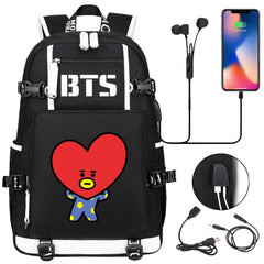BTS Cartoon TATA USB Charging Backpack School NoteBook Laptop Travel Bags