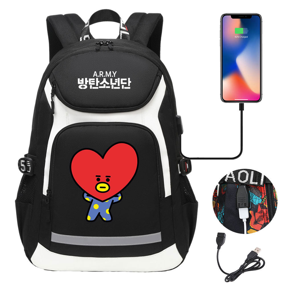 Kpop BTS TATA USB Charging Backpack School NoteBook Laptop Travel Bags