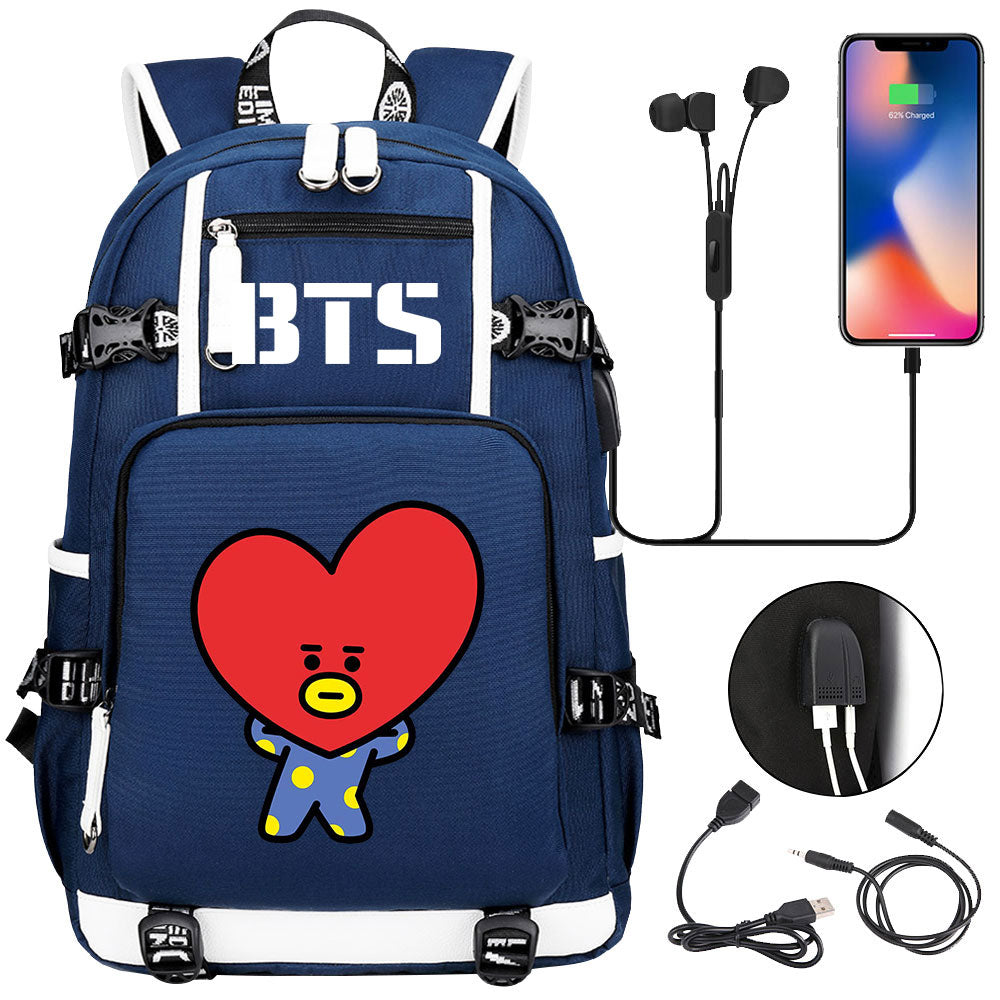 BTS Cartoon TATA USB Charging Backpack School NoteBook Laptop Travel Bags