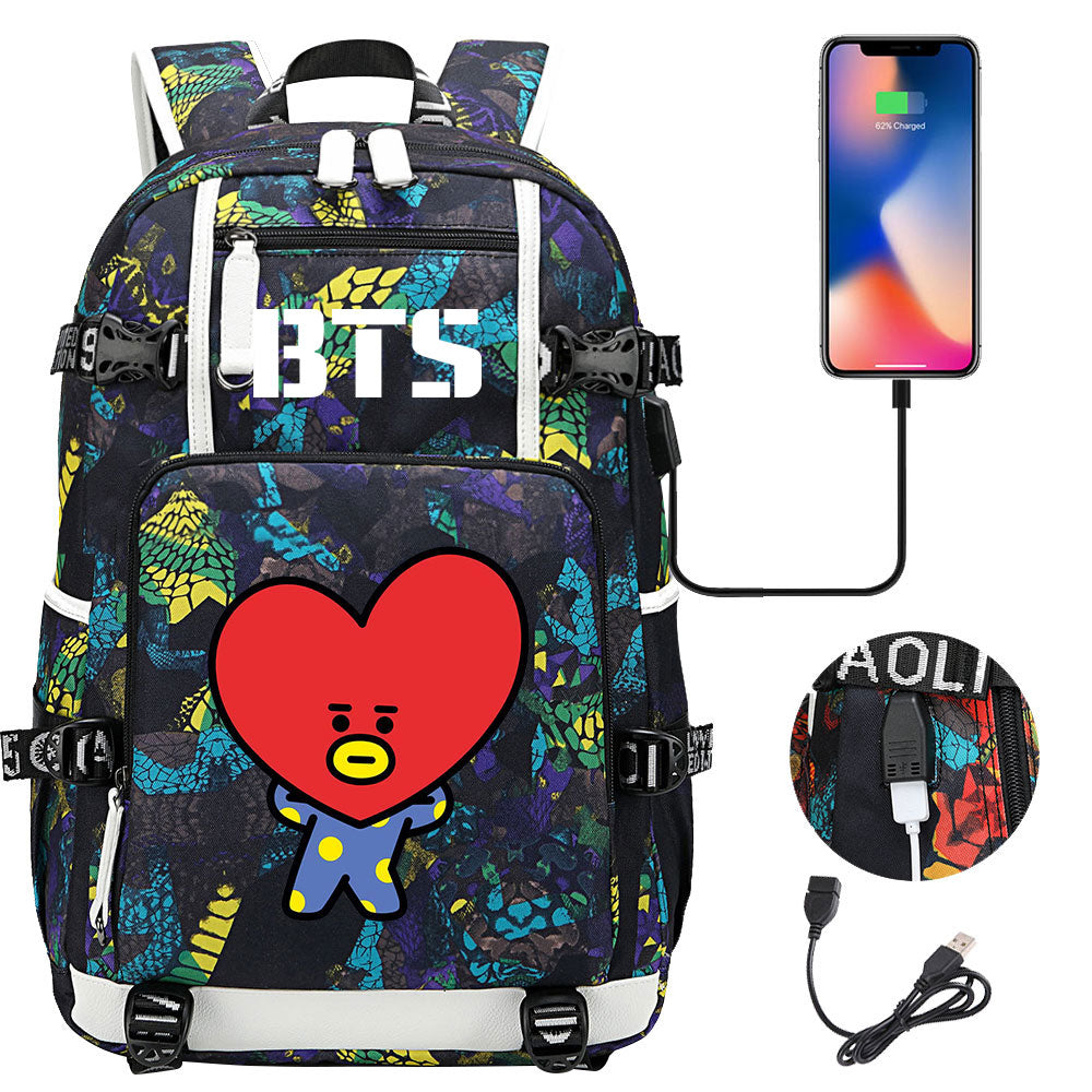 BTS Cartoon TATA USB Charging Backpack School NoteBook Laptop Travel Bags