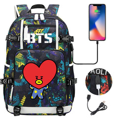 BTS Cartoon TATA USB Charging Backpack School NoteBook Laptop Travel Bags
